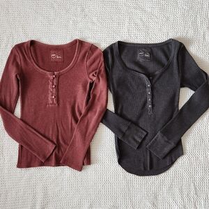 NWOT Aerie Long Sleeve Henley Tops in Burgundy and Charcoal